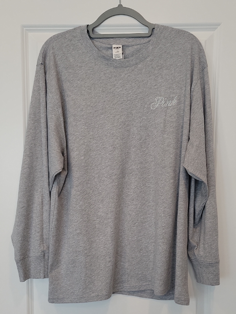 PINK Victoria's Secret Gray Sparkle Longsleeve Graphic TEE Large NWT